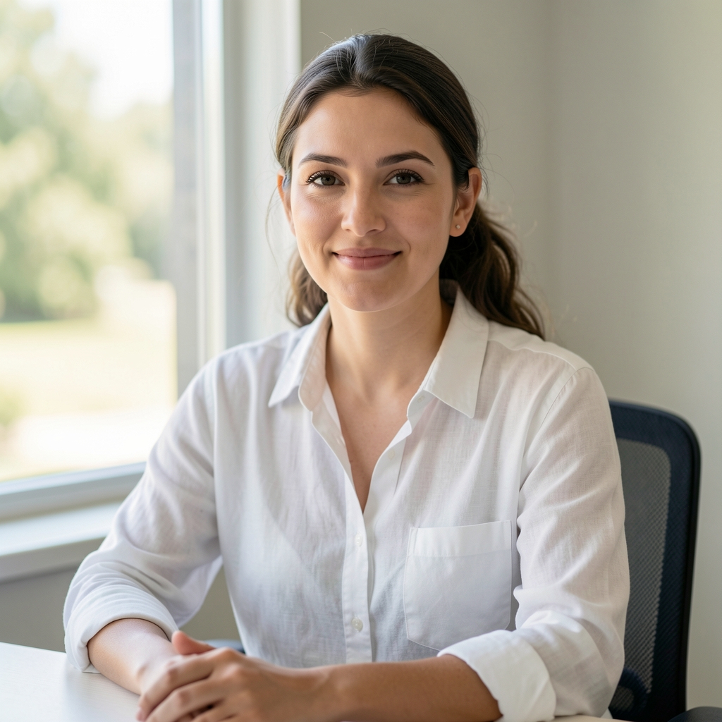 Professional portrait of a female nutritionist in a white linen shirt seated at a consultation desk with natural window light behind her