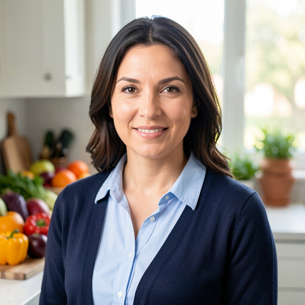 Professional portrait of a female nutrition researcher standing in a well-lit kitchen setting with seasonal fruits and vegetables visible in the background