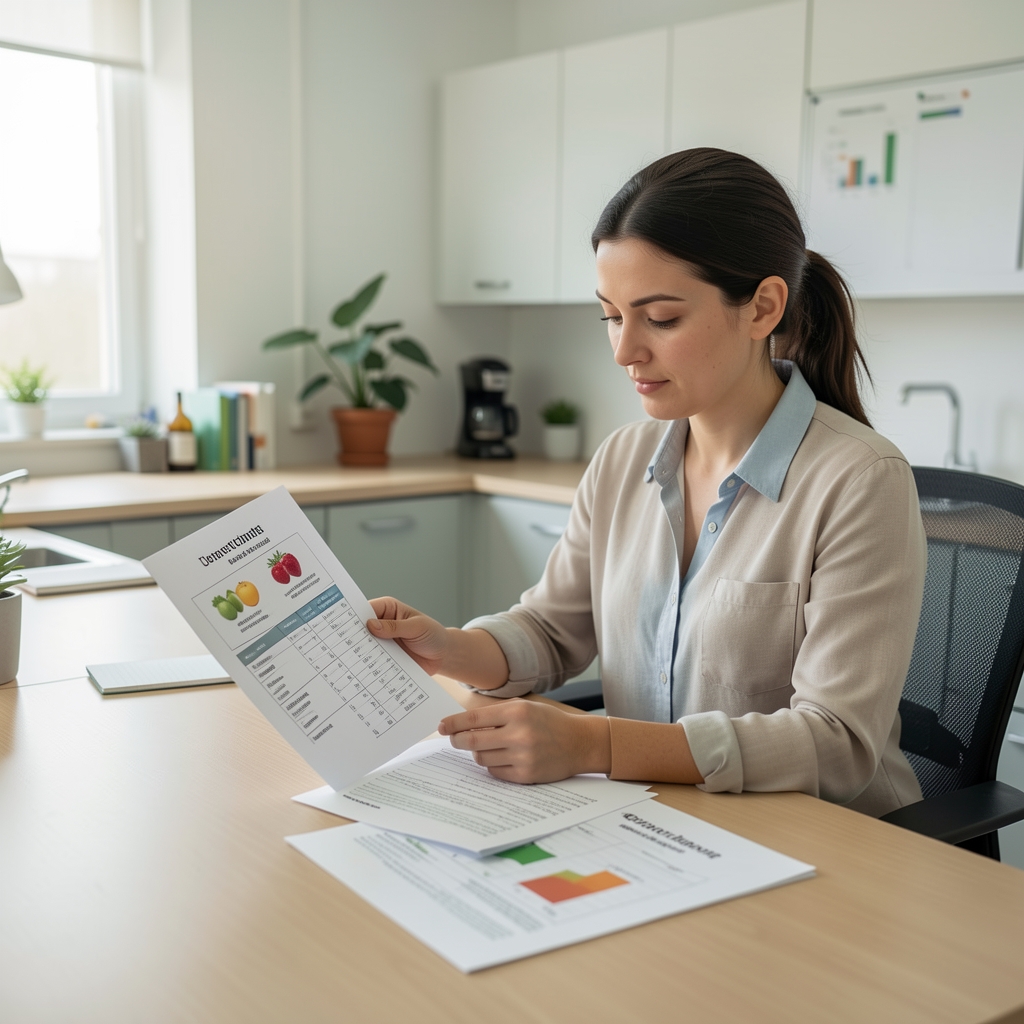 Nutrition professional at a large desk reviewing printed compositional analysis charts and seasonal produce intake logs in a clean workspace with controlled lighting