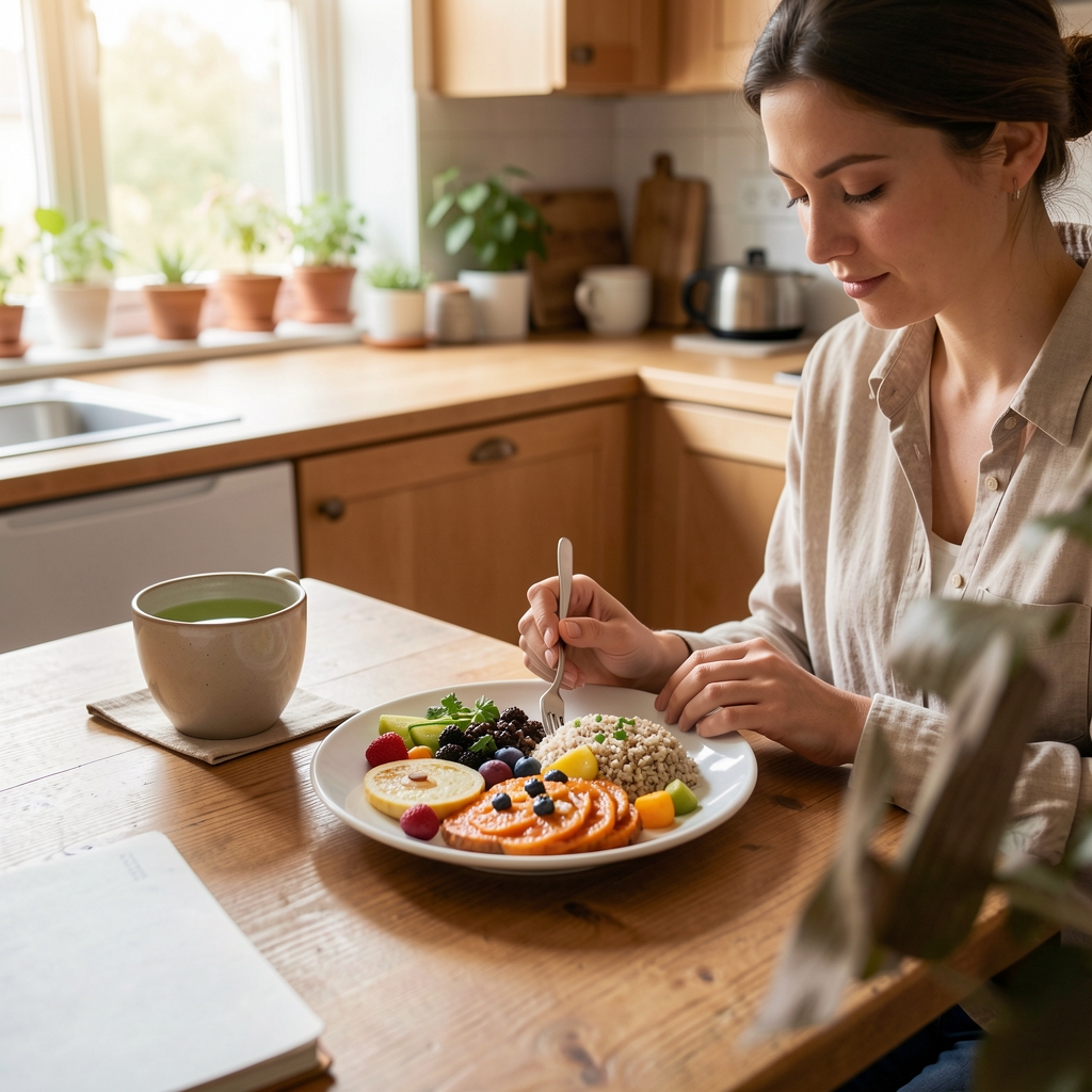 Person journalling food intake habits at a kitchen table with a cup of green tea and a colourful plate of whole grain breakfast in morning light